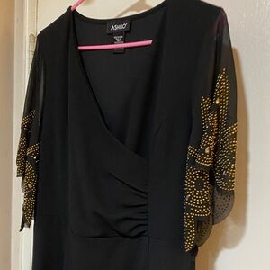 Ashro Black Dress with Gold Studded Sheer Floral Sleeves